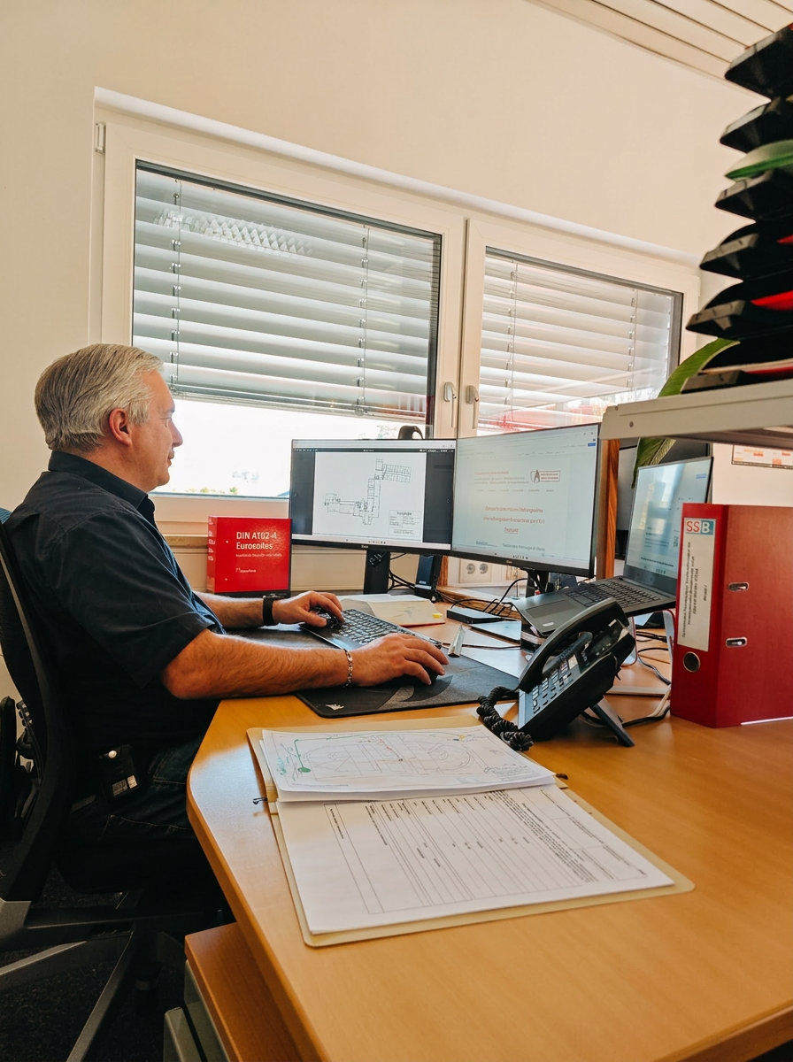 Norbert Greinwald bei der Brandschutzplanung am Arbeitsplatz
